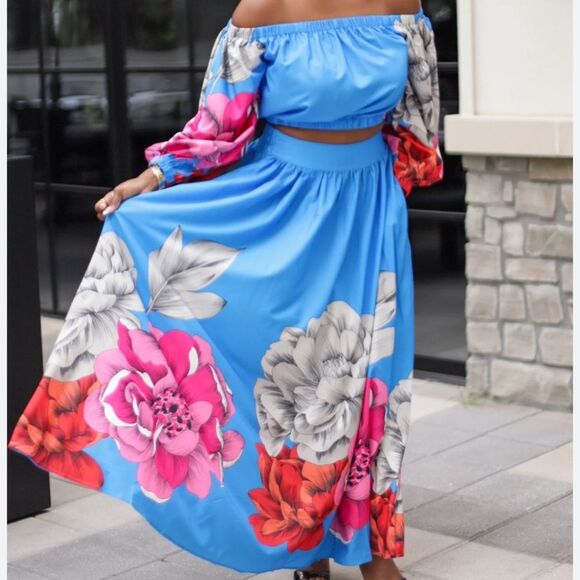 Easel NWT 2-pc Floral Maxi Dress, Light Blue, Pink, Cream, Fits S-M - Picture 7 of 12